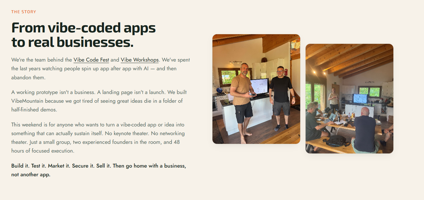 VibeMountain About / story section with team photo and short narrative