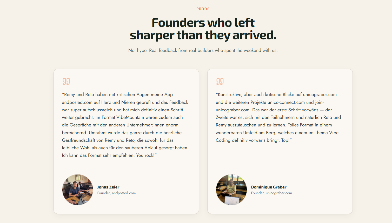 VibeMountain testimonials section with two founder quotes and portraits