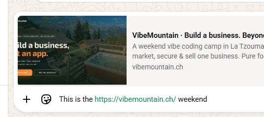 Example social preview card for VibeMountain showing the alpine chalet and event headline